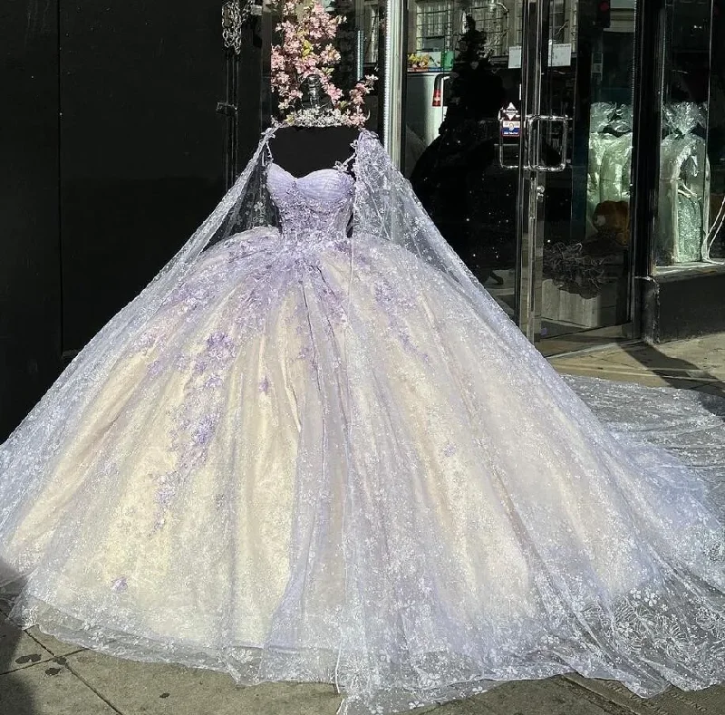 flowy prom dressesLight Purple Mexican Quinceanera Dressess with Cape Luxury Butterfly Applique vestido 15 quinceañeras Corset Prom Lace Up