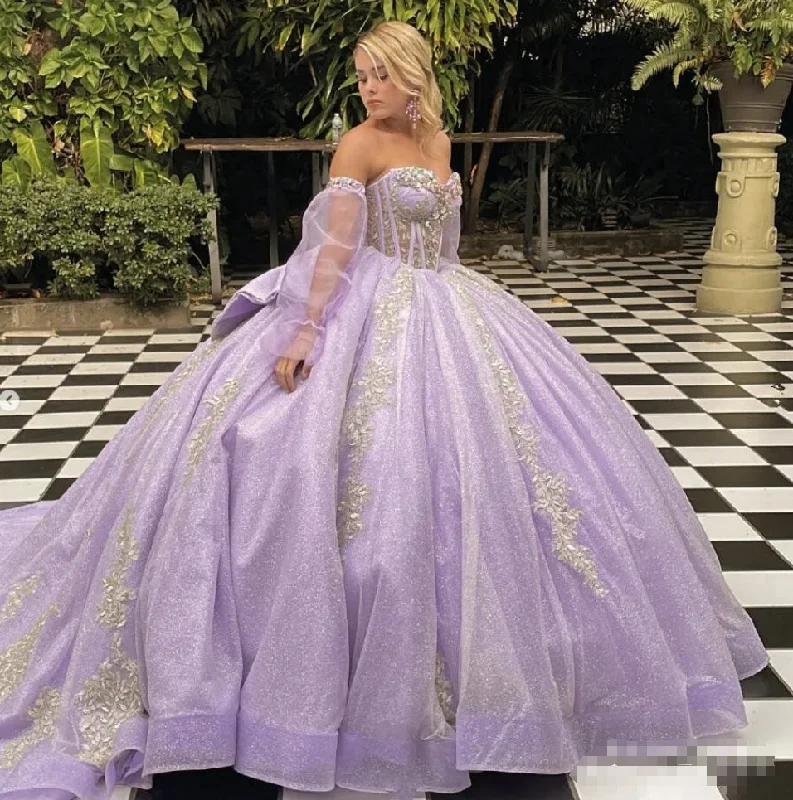 ready-to-wear prom dressesLilac Lavender Princess Quinceanera Dresses with Long Sleeve Gillter Crystal Corset Lace-up vestidos de 15 años Prom Sweet 16