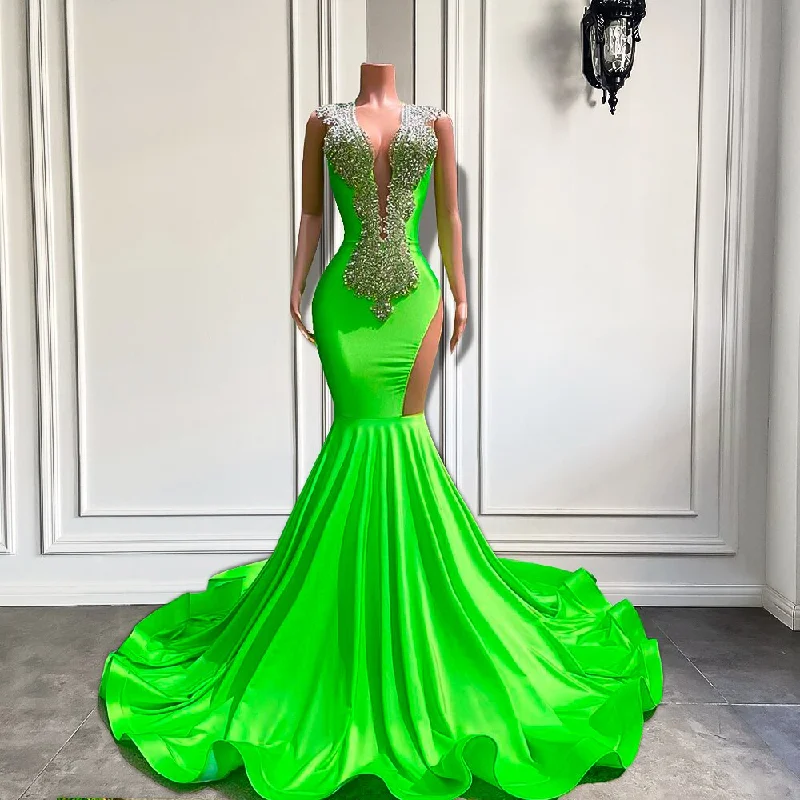 animal print prom dressesLong Mermaid Style Prom Dresses Sheer O-neck Fitted Sparkly Silver Diamond Black Girl Green Prom Gala Formal Gowns