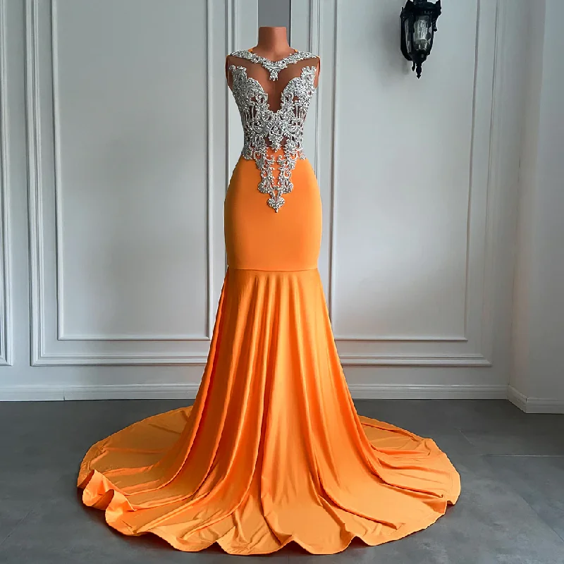 geometric print prom dressesLong Orange Prom Dresses Sexy Mermaid Style Fitted Silver Beaded Embroidery Orange Spandex Black Girl Prom Formal Gowns