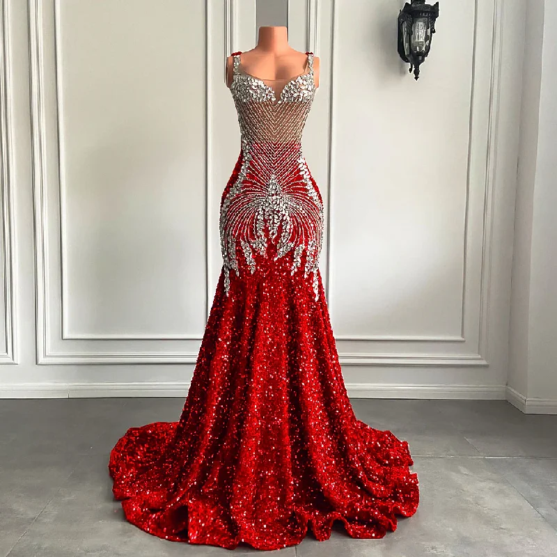 bodycon prom dressesLong Red Prom Dresses Sparkly Luxury Silver Diamond Crystals Mermaid Style Fitted Black Girl Sheer Mesh Prom Gala Gowns