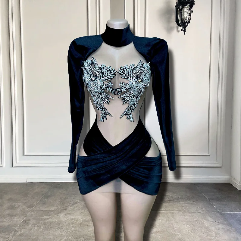 two-piece prom dressesLong Sleeve High Neck See Through Sparkly Silver Crystals Black Velvet African Black Girls Short Prom Dresses For Birthday