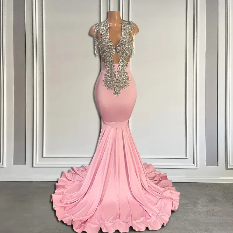 halter prom dressesLuxury Diamond Long Pink Prom Dresses 2024 with Tassel Black Girl Sheer O Neck Beaded Mermaid Prom Gala Gowns