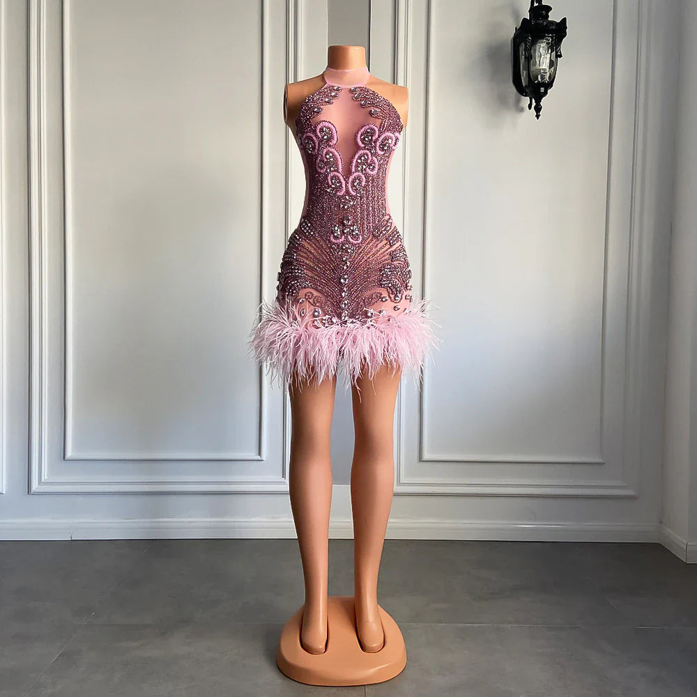 prom dresses with built-in petticoatsLuxury Pink Diamond Women Birthday Dress Sexy See Through Feather Formal Occasion Cocktail Black Girls Short Prom Dresses