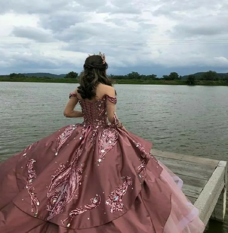 prom dresses for tall girlsLuxury Pink Vestidos De 15 Quinceañera Dress 2024 Princess Sequin Ball Gown Sweet 15 Birthday Dress Glitter Xv Charro Prom Gowns