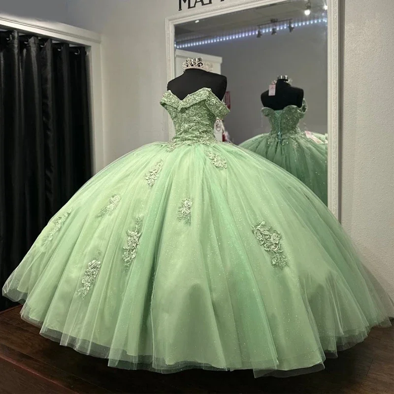 prom dresses for apple shapesLuxury Sage Green Off The Shoulder Mexican Quinceanera Dressess Applique Lace Beads Tull Prom Lace Up vestido 15 quinceañeras