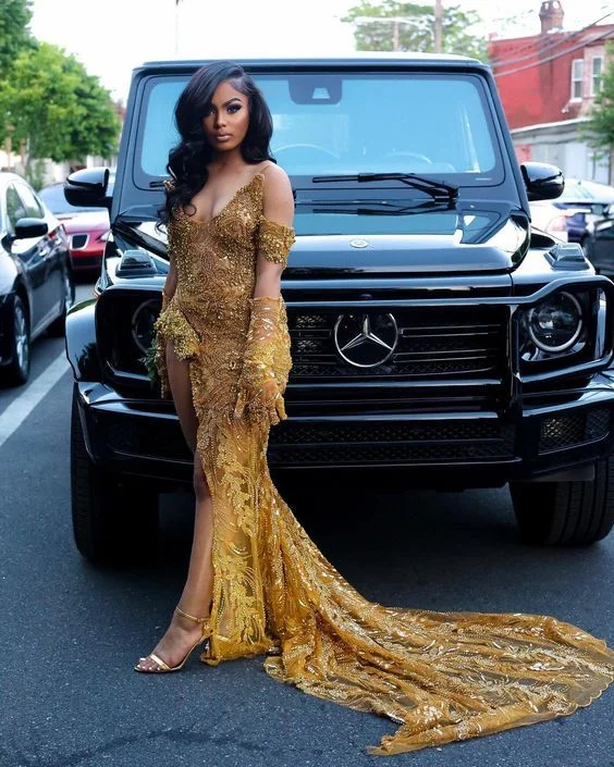 prom dresses for fallMermaid Gold Sequin Long Black Girl Prom Dress Slit Formal Dress