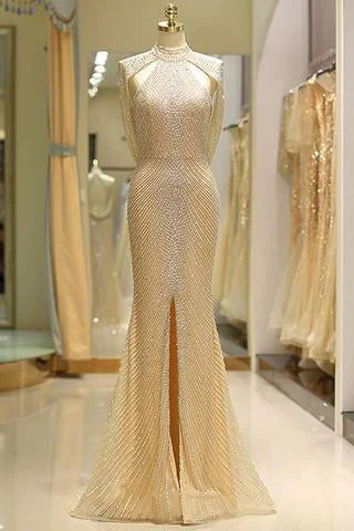 prom dresses with built-in petticoatsMermaid High Neck Floor Length Split Gold  with Sequins Beading Prom Dresses