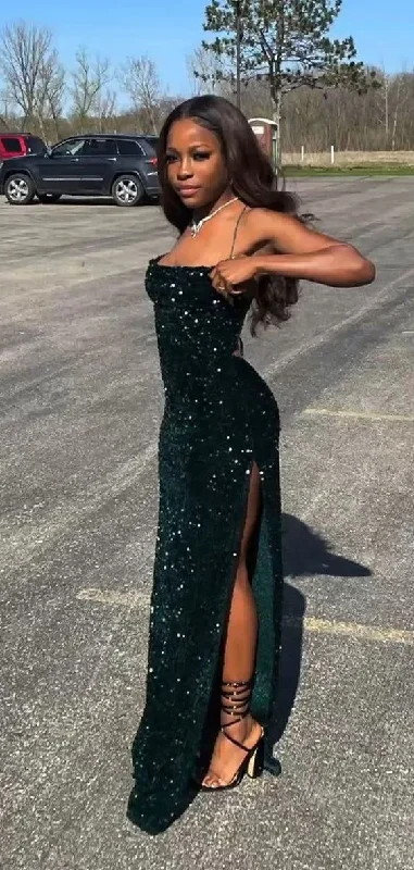 illusion sleeve prom dressesMermaid Sequins Dark Green Long Prom Dresses 22th Birthday Outfits