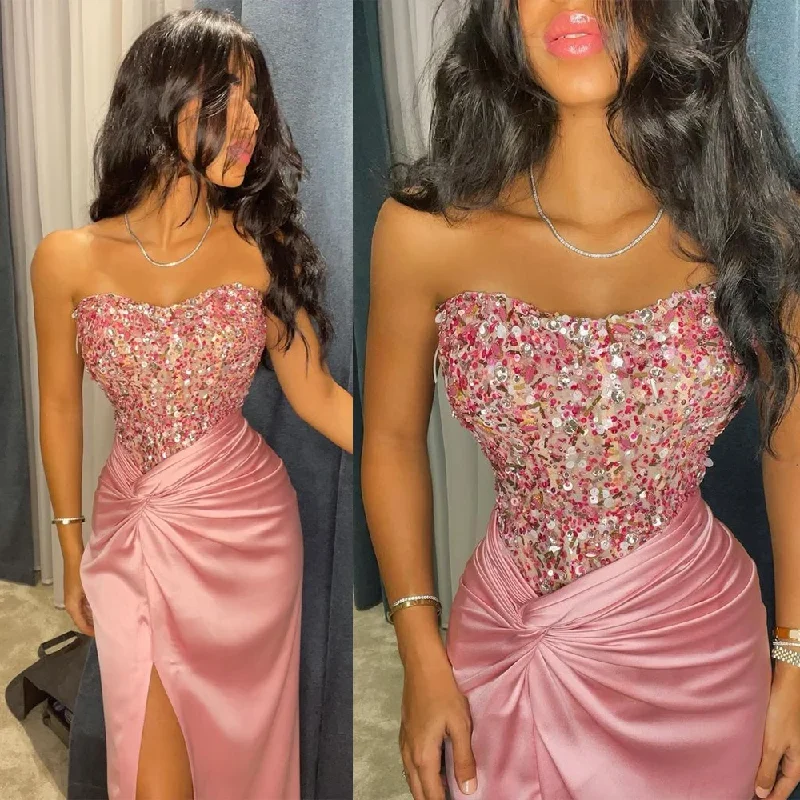 prom dresses with lace appliquésModern Sequin Strapless Prom Dresses with Sleeveless Floor Length Mermaid Satin Formal Dress with Slit vestido de gala