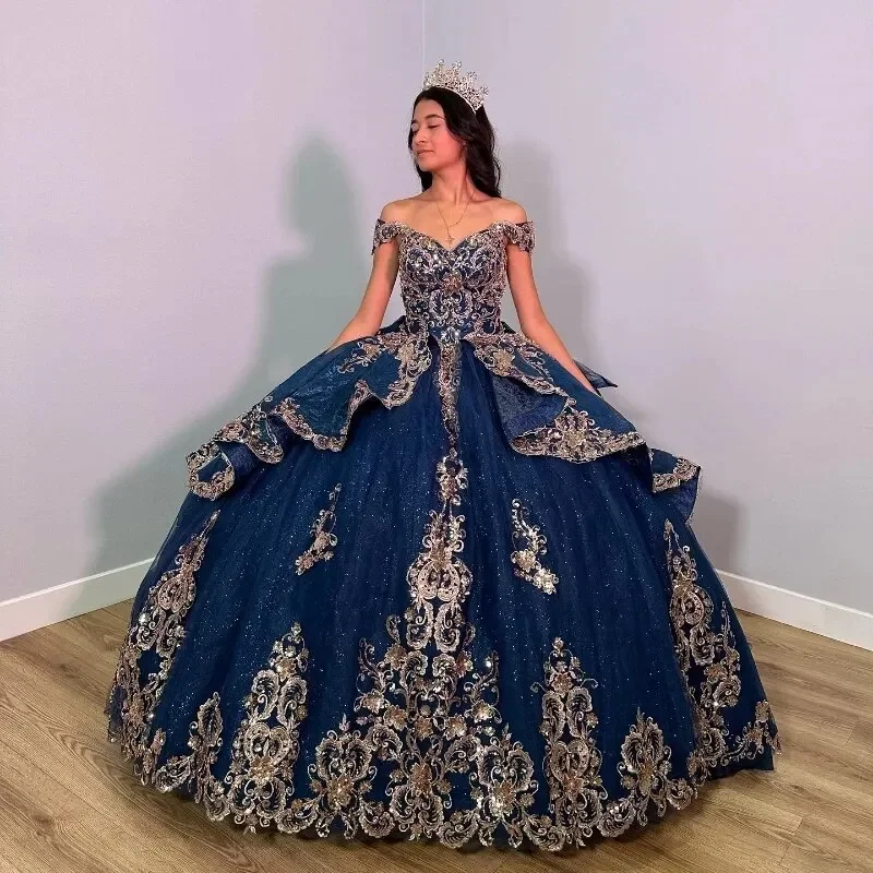 prom dresses with illusion panelsNavy Blue Shiny Quinceanera Dresses With Gold Appliques Lace Beads Lace-Up Sleeveless Corset Prom Sweet 16 Vestido De 15Anos