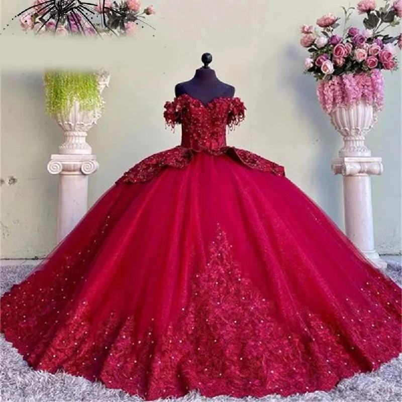 prom dresses for fallNew Dark Red Off Shoulder Corset Ball Gown Quinceanera Dresses Beaded Appliques Formal Prom Birthday Gowns Princess Sweet 16 15