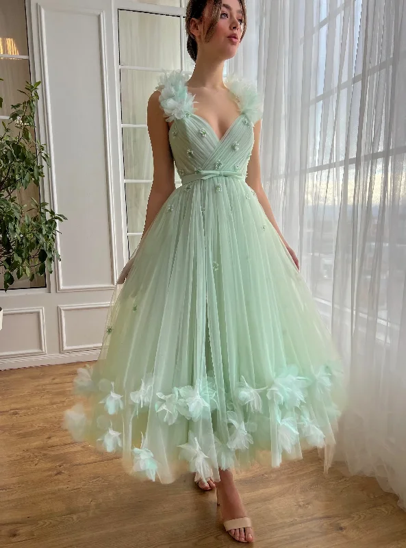 off-the-shoulder prom dressesOff-the-shoulder V-neck 3D Flower Cocktail Dresses Corset Sashes Sleeveless Graduation Gowns A-Line Tea-length Formal Prom Gowns