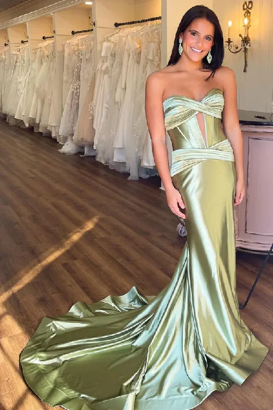 sweetheart neckline prom dressesOLIVE GREEN SATIN SLEEK KEYHOLE PROM DRESS