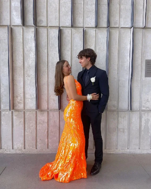 spaghetti strap prom dressesOrange Backless Prom Dress, Orange Mermaid Prom Gown