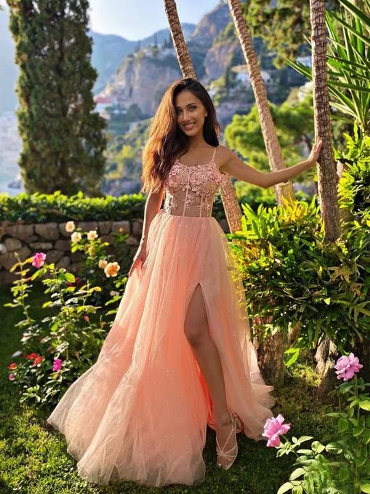 prom dress accessoriesPink Aline tulle lace long prom dress, pink formal dress