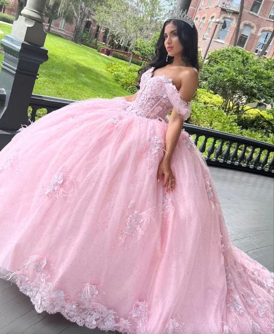 pastel prom dressesPink Off The Shoulder Tulle Ball Gown Sweet 16 Prom Dress Quinceanera Dress