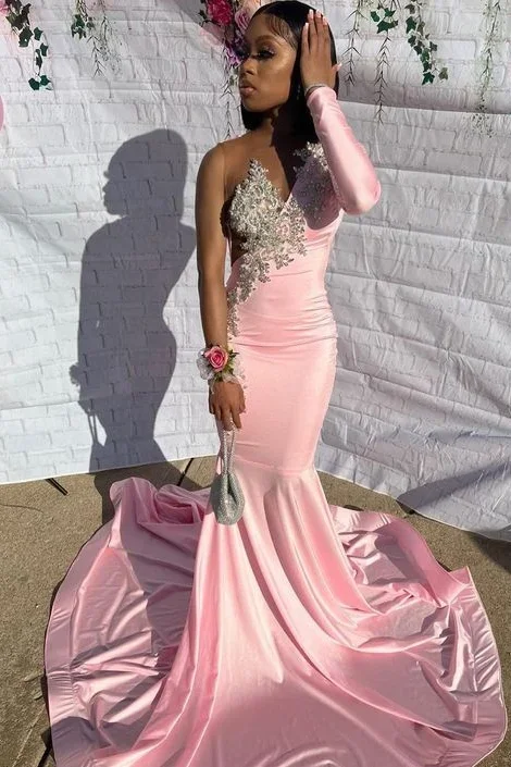 prom dress accessoriesPink One Sleeves Mermaid Prom Dress Waist-Skimming With Appliques