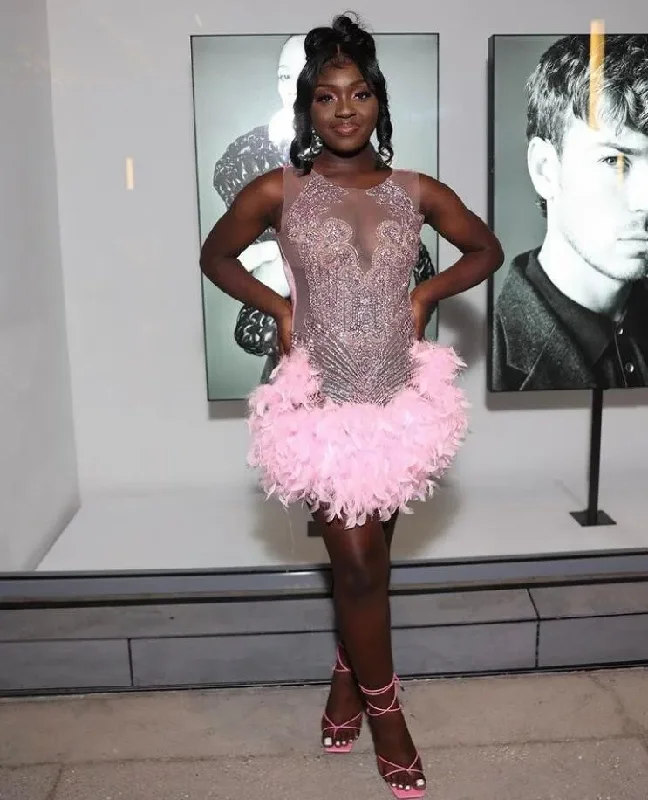 prom dresses with detachable sleevesPink Short Prom Homecoming Dress for Black Girl Sparkly Crystal Feather Sheer Mesh Birthday Celebrity Gown kleider damen