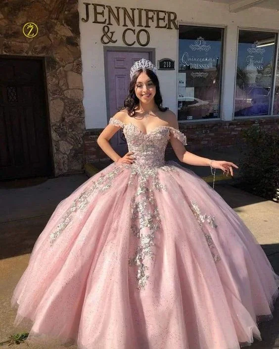 mini prom dressesPink Sweetheart Neckline Tulle Appliques 16 Princess Ball Gown Quinceanera Dress Prom Dress