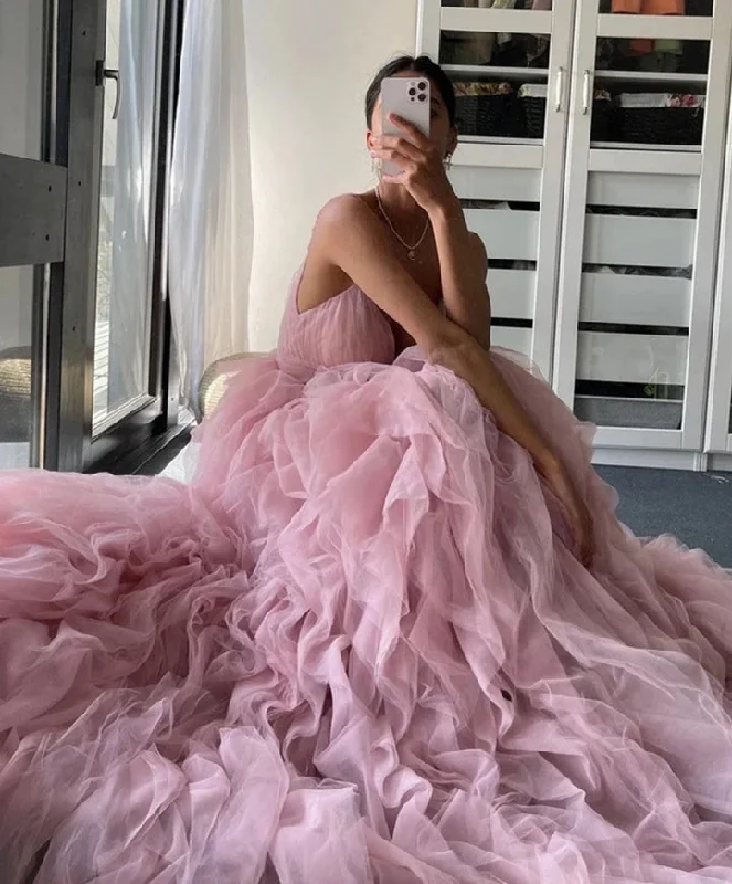 two-piece prom dressesPink Tulle Dress with Ruffles, Corset Prom Dress with Spaghetti Straps, Fit and Flare Dress, Homecoming Dress, Princess Bridal