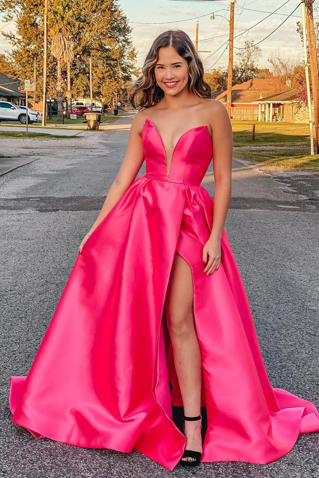 bodycon prom dressesPlus Size Prom Dress A-Line Satin Strapless  with Slit