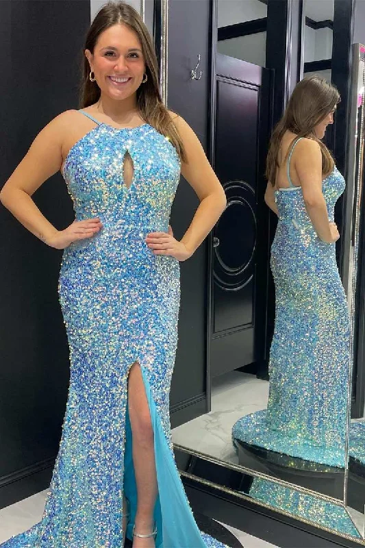 luxury prom dressesPlus Size Prom Dress Iridescent Sequin Keyhole Mermaid Long with Slit