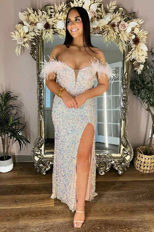 ready-to-wear prom dressesPlus Size Prom Dress Sequin Feather Off the Shoulder Sheath Long with Slit