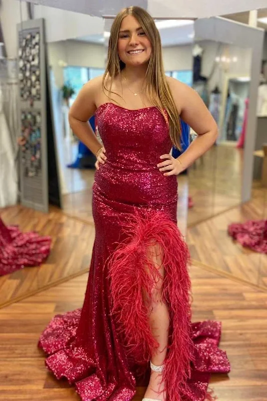 animal print prom dressesPlus Size Prom Dress Sequin Feather Strapless Mermaid Long with Slit