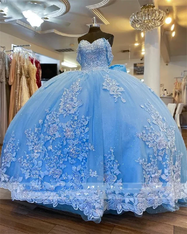 open-back prom dressesPrincess Blue Off The Shoulder Ball Gown Quinceanera Dress Beaded Birthday Prom Dresses Appliques Graduation Gown Vestido De 15