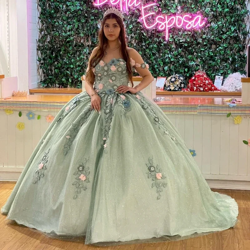 lace-up prom dressesPrincess Sage Green Shiny Quinceanera Dresses 3D Flowers Crystal Prom Birthday Sweet 16 Dress Lace-up Corset Vestidos De 15 Anos