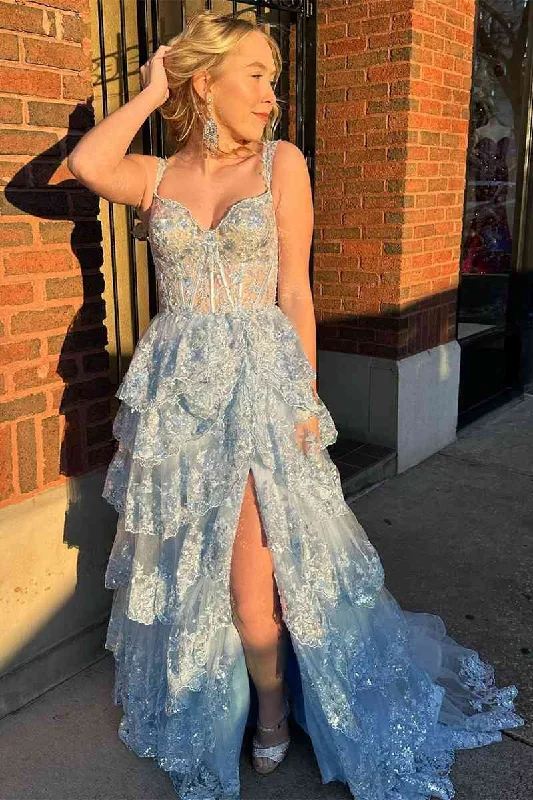 short prom dressesProm Dress A Line  Lace Sweetheart Tiered Long  with Slit