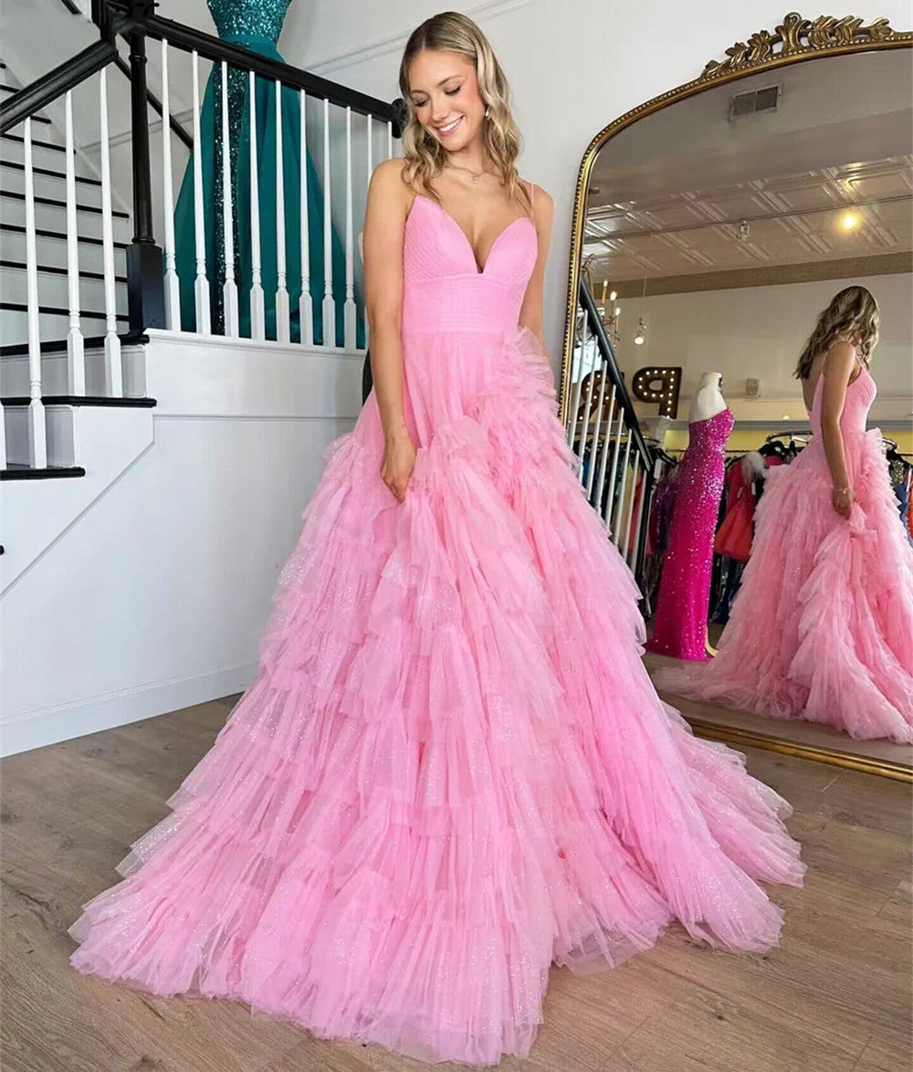 elegant prom dressesProm Dress A-Line Spaghetti Straps Tulle Tiered