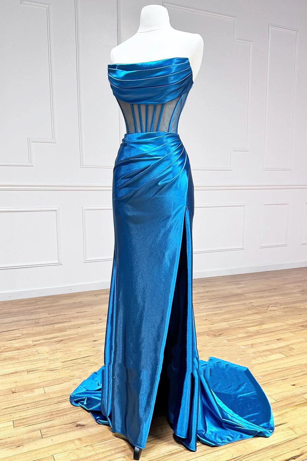 spaghetti strap prom dressesProm Dress Sheath Satin Strapless Pleated  Long  with Slit