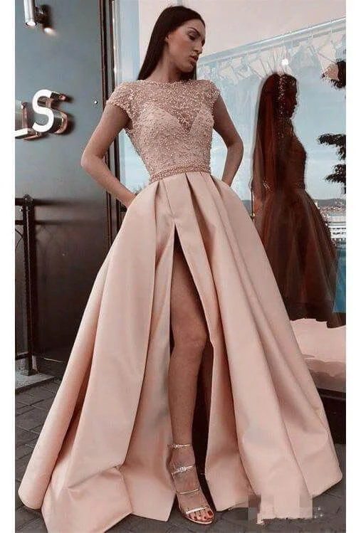 prom dresses for tall girlsProm Dresses A Line Stunning Satin Beads Cap Sleeves with High Slit Pockets