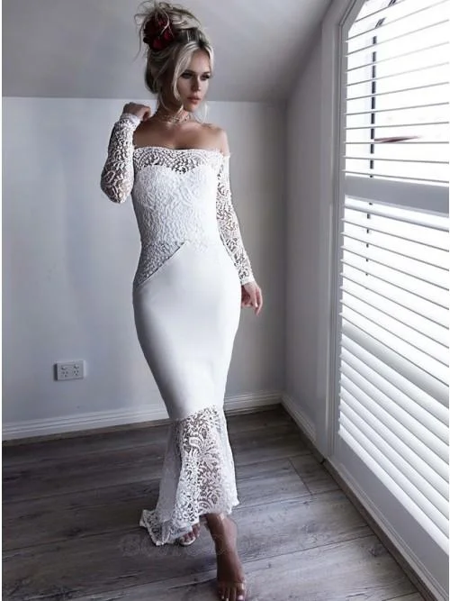 prom dresses for curve-hugging figuresProm Dresses Long Sleeve Lace Appliques Sheath  Off the Shoulder