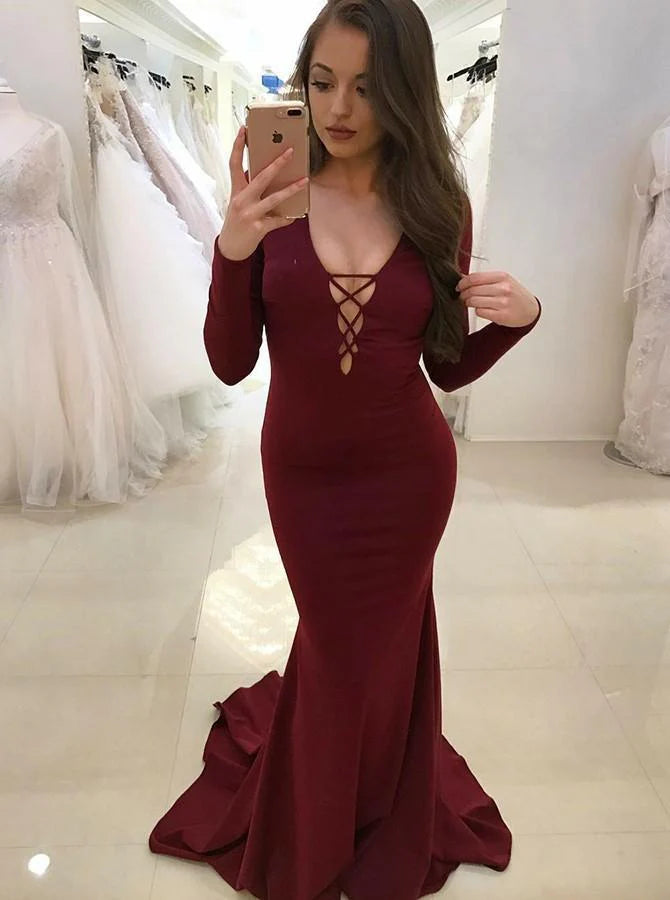 prom dresses for plus-size figuresProm Dresses Satin Fabulous  Deep V-neck Long Sleeve Sexy  ﻿