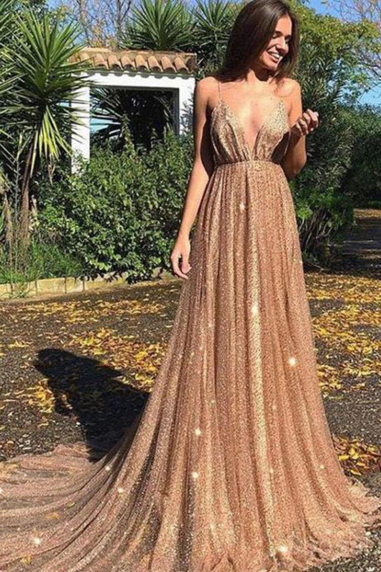 prom dresses for summerProm Dresses Sexy Sequin Tulle Backless Spaghetti Straps V Neck Long