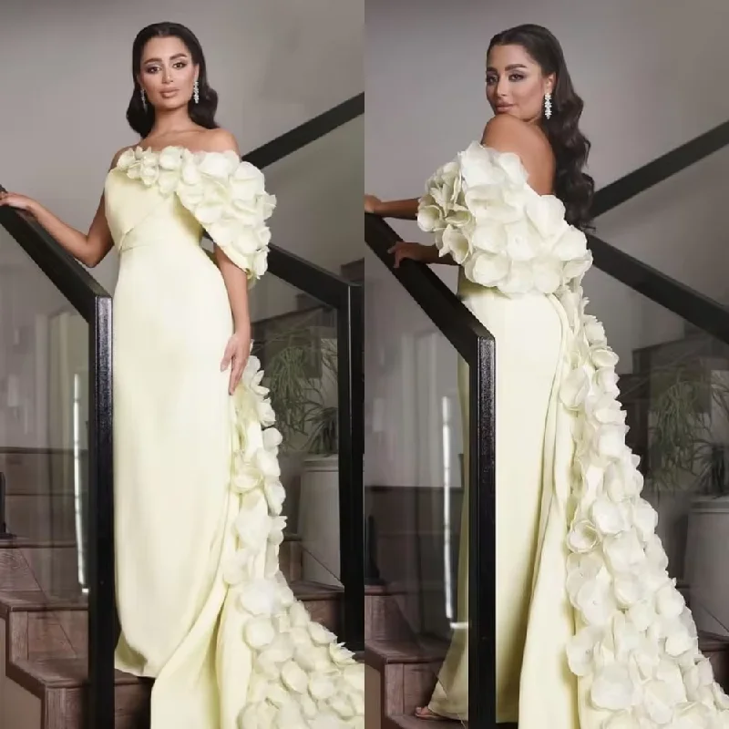 off-shoulder prom dressesProm Exquisite One-Shoulder Gown Flowers Beading Satin Bespoke Occasion Dresses