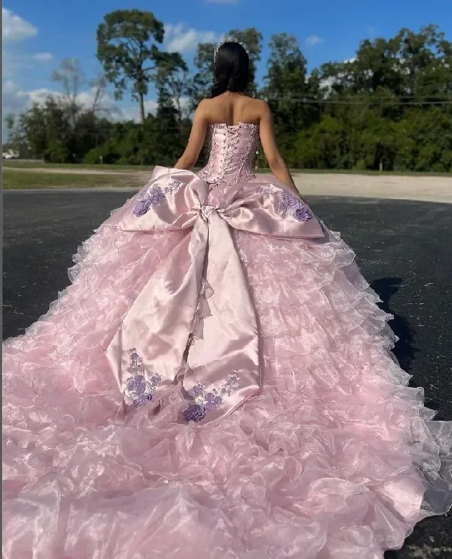 luxury prom dressesPurple Pink Charro Mmexican Quinceanera Dresses Floral Embroidery Ruffles vestidos de fiesta de 15 quinceañera Prom Dress Bow