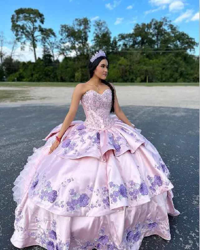 prom dresses with pocketsPurple Pink Charro Mmexican Quinceanera Dresses Floral Embroidery Ruffles vestidos de fiesta de 15 quinceañera Prom Dress Bow