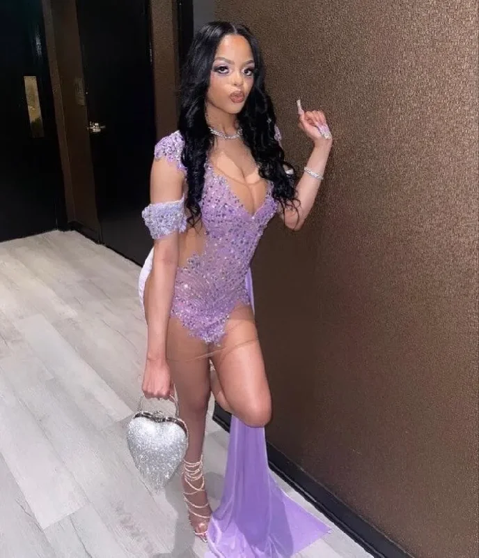 prom dresses with trainsPurple Velvet Short Prom Dress for Black Girl Sparkly Diamond Crystal Beaded Sheer Mesh Birthday Homecoming Queen Gown