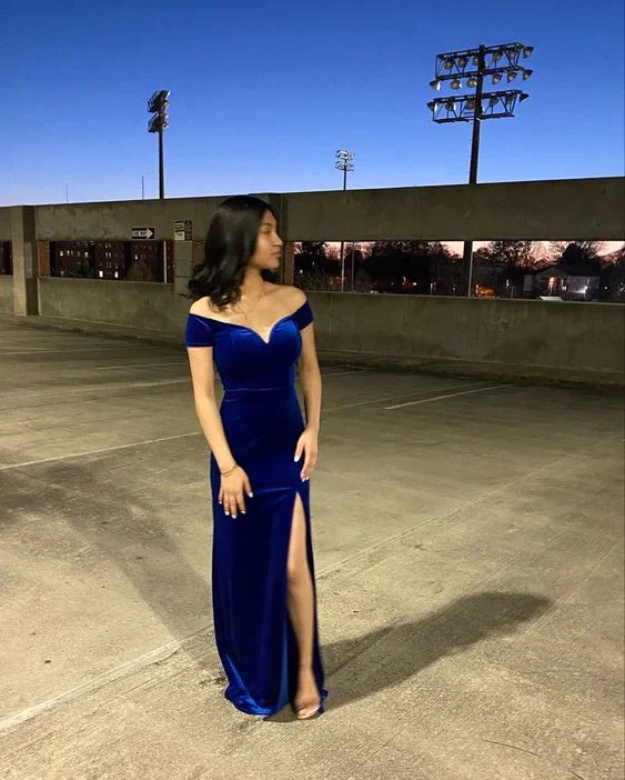 prom dress preservationRoyal Blue Off The Shoulder Slit Velvet Mermaid Prom Dress