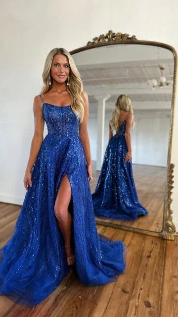 sweetheart neckline prom dressesRoyal Blue Sparkle Tulle Sequined Slit Long Prom Dress with Beads