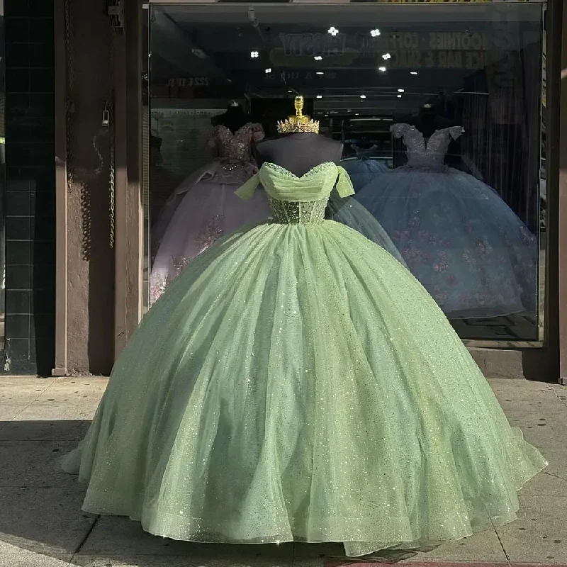 two-piece prom dressesSage Green Luxury Quinceanera Dresses Off The Shoulder Green Ball Gown Prom Dress Vestidos De 15 Anos Quinceaneras