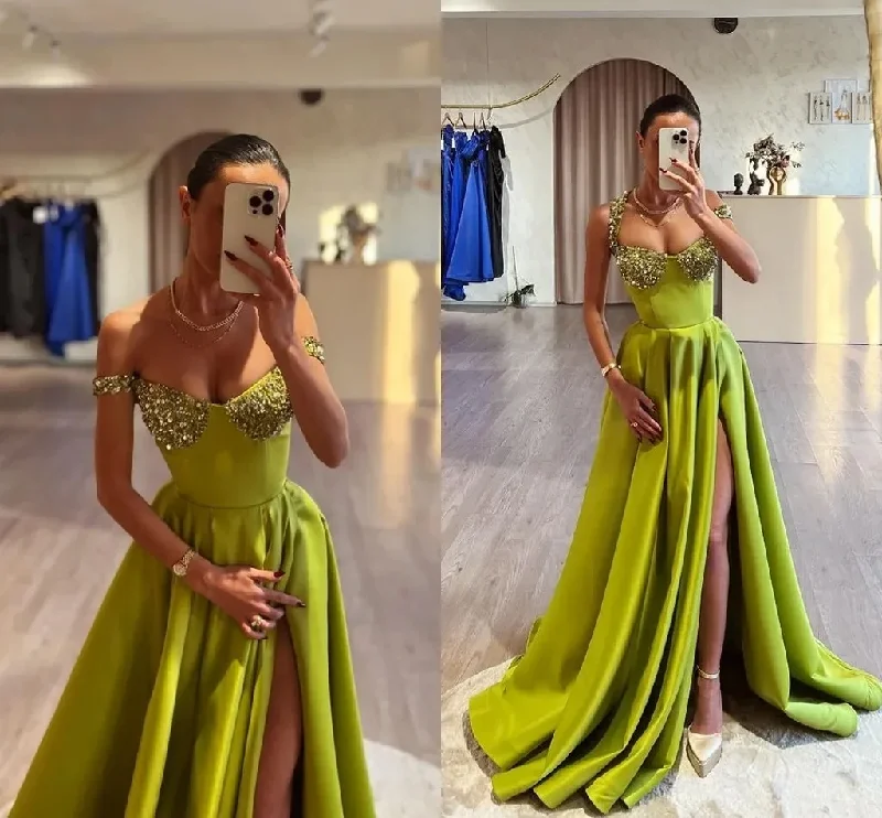 lace prom dressesSexy Green A Line Prom Dresses Long for Women Halter Neck Sequined Floor Length High Side Split Birthday Pageant Celebrity Dress