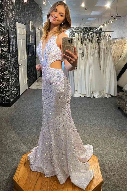 prom dress color trendsSEXY MERMAID SEQUIN WHITE CUT OUT PROM DRESS