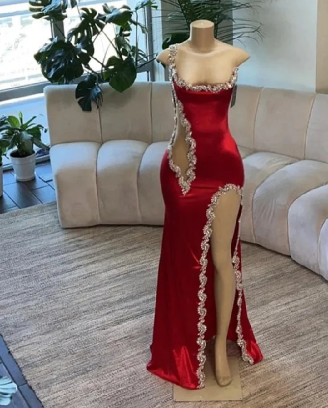 open-back prom dressesSexy Red Beaded Spaghetti Mermaid Prom Dresses 2024 Luxury Gown One Shoulder Slit Birthday Dress Black Girl Middle East robe