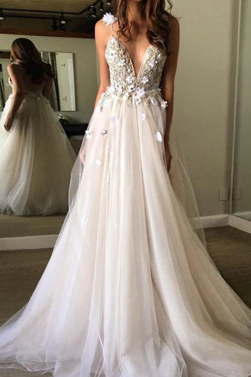 prom dresses for pear shapesSexy Spaghetti Straps V Neck A Line Tulle  Backless Prom Dresses