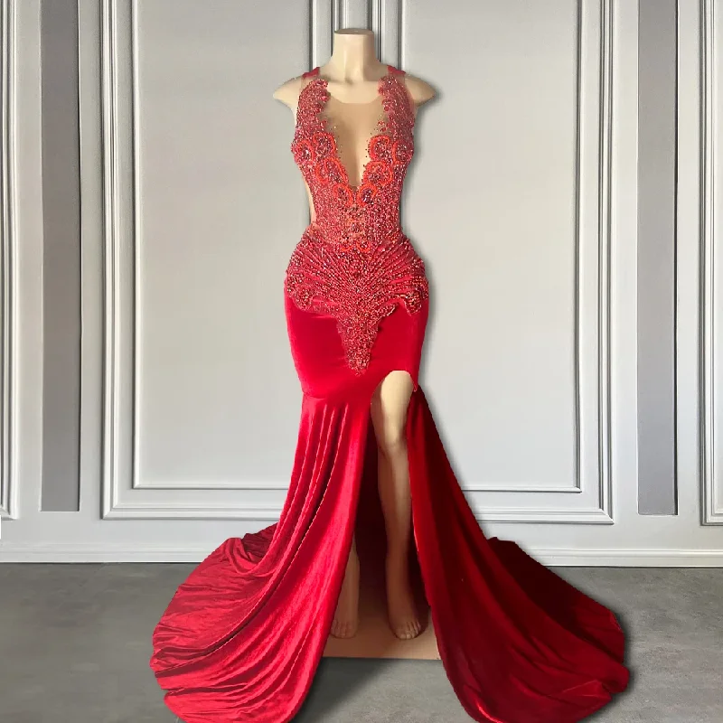 prom dresses for plus-size figuresSexy Thigh Split Red Long Prom Dresses for Black Girls Crimson Crystals Beaded Luxury Mermaid Prom Gala Gowns 2024